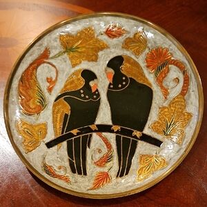 Enamel Cloisonné Brass Plate Featuring Two Stylized Parakeets w/Autumnal Leaves